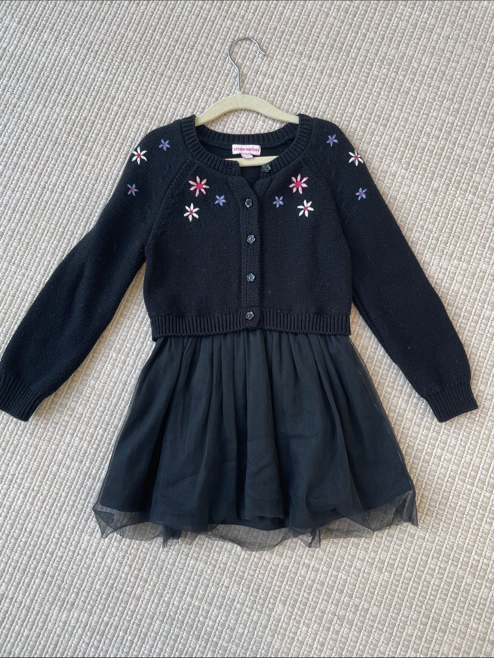 Design History Black Knit & Tulle Dress with Pink and Purple Floral Embroidery